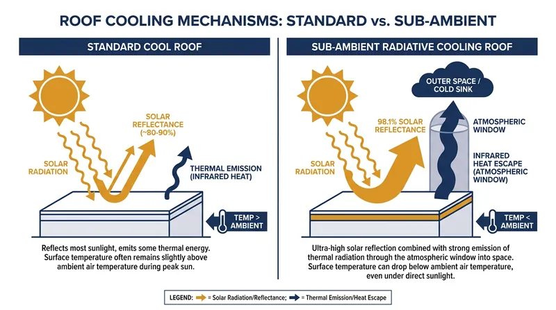 How radiative cooling materials emit heat through the atmospheric window into deep space.