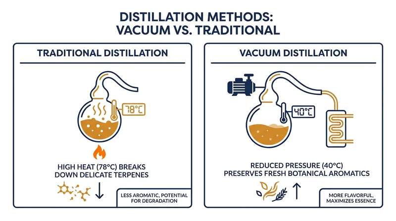 By lowering atmospheric pressure, vacuum distillation extracts delicate flavors without burning the botanicals.
