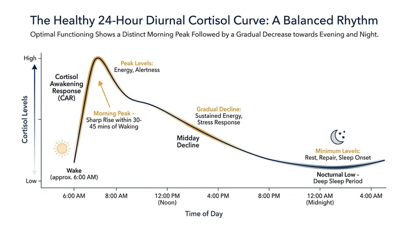 A healthy cortisol rhythm features a sharp morning spike followed by a gradual decline throughout the day.