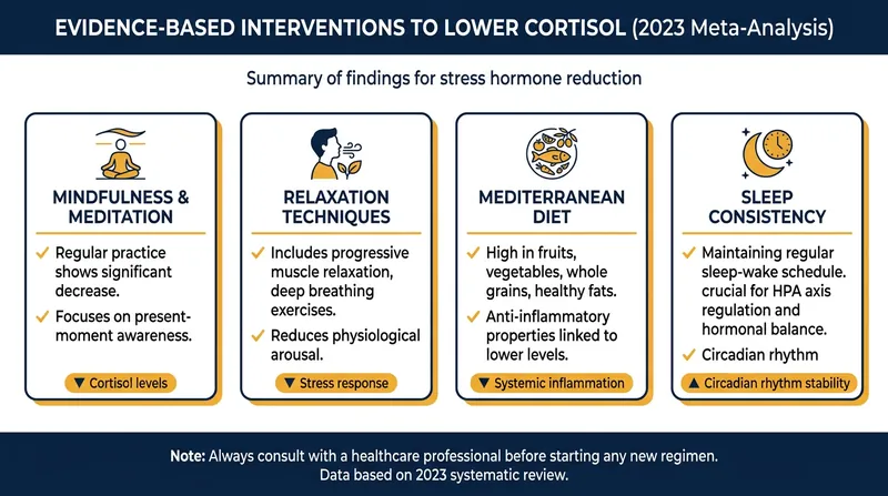 Clinical trials show that psychological interventions and dietary changes can measurably reduce circulating cortisol.