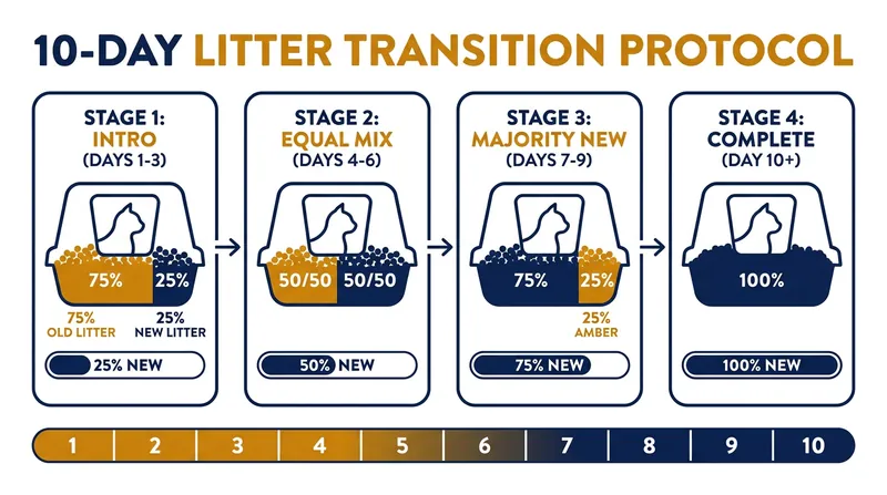 Veterinarians recommend a gradual 10-day transition to prevent litter box avoidance.
