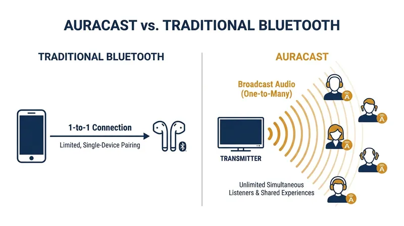 Unlike traditional Bluetooth, Auracast allows an unlimited number of users to tune into a single audio broadcast without pairing.