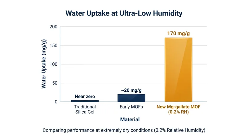 The Mg-gallate MOF vastly outperforms previous materials in ultra-dry conditions.