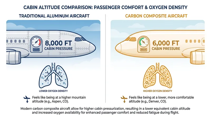 Carbon composite fuselages allow for lower cabin altitudes, increasing oxygen density and reducing passenger fatigue.