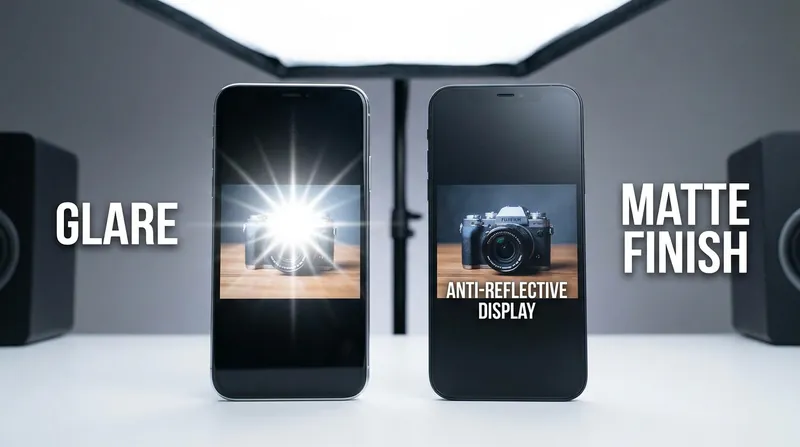 Standard glossy glass (left) compared to next-generation anti-reflective display technology (right).
