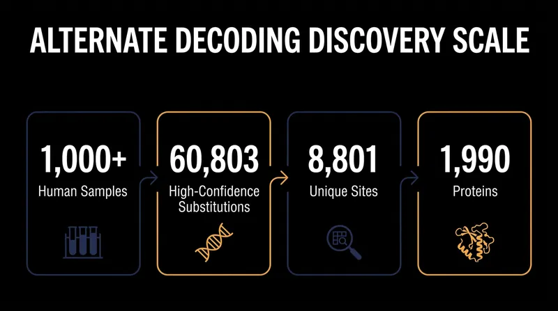 The scale of alternate RNA decoding identified across healthy human tissues and cancer samples.