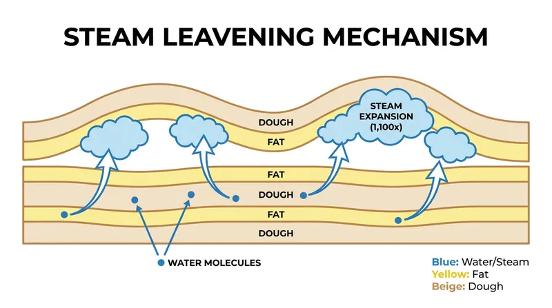 At 100°C, water vaporizes and expands to 1,100 times its volume, physically lifting the dough layers.