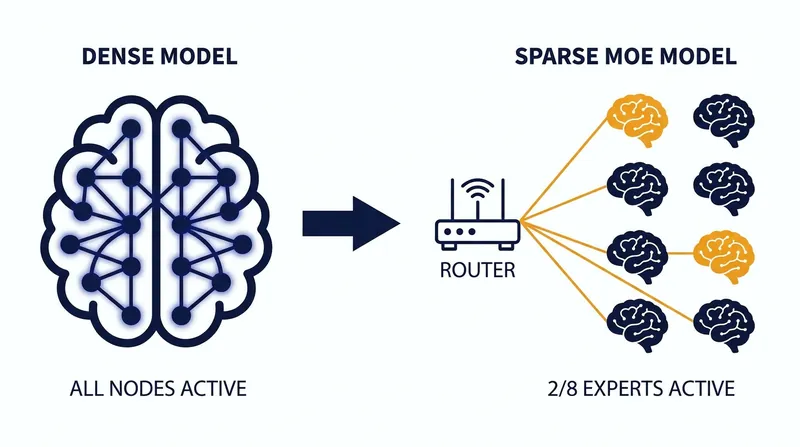 Dense models activate all parameters for every query, while sparse MoE models only activate a fraction of their total network.