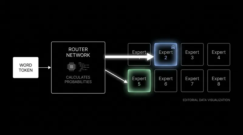 The router network evaluates each individual word (token) and selects the top experts to process it.