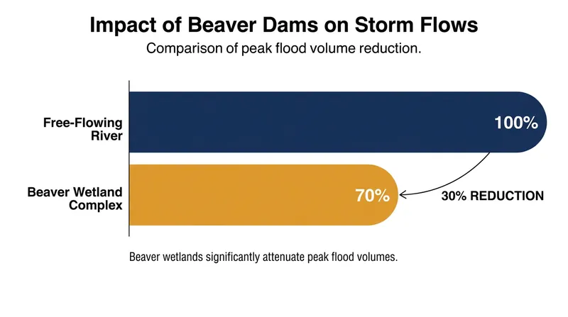 Data from the River Otter trial shows beaver wetlands reduce peak storm flows by an average of 30 percent.