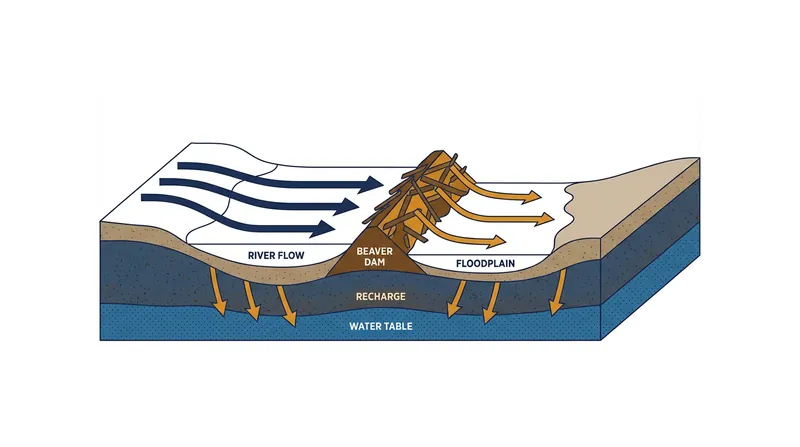How beaver dams slow water velocity, mitigate downstream flooding, and recharge the local water table.