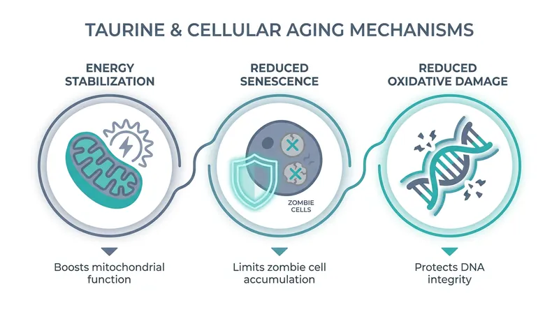 Taurine appears to slow aging by protecting mitochondria, reducing cellular senescence, and lowering systemic inflammation.