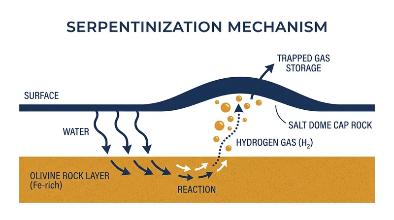 The primary mechanism for geologic hydrogen generation involves water reacting with iron-rich mantle rocks.