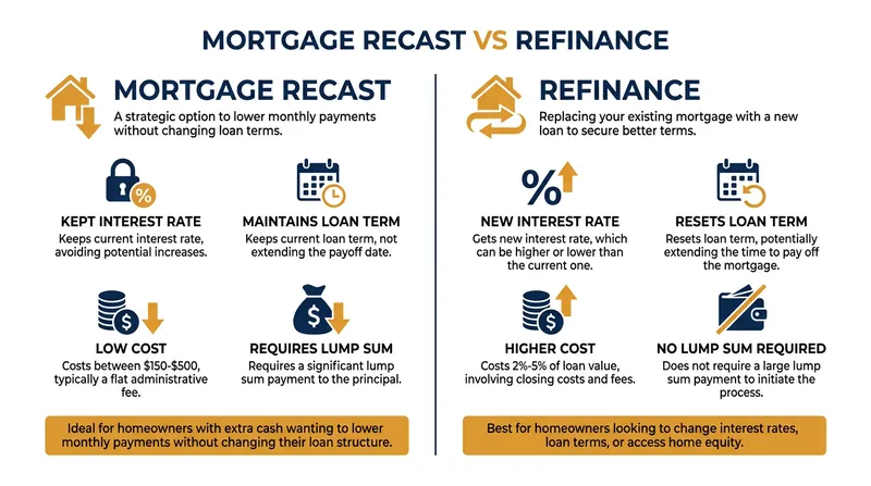 Recasting and refinancing serve different purposes, with recasting acting as a low-cost administrative adjustment.