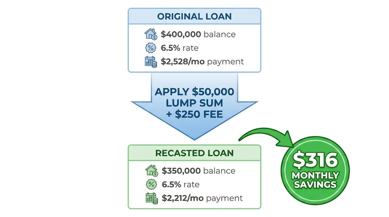 How a $50,000 lump sum permanently alters the monthly cash flow on a 6.5% mortgage.