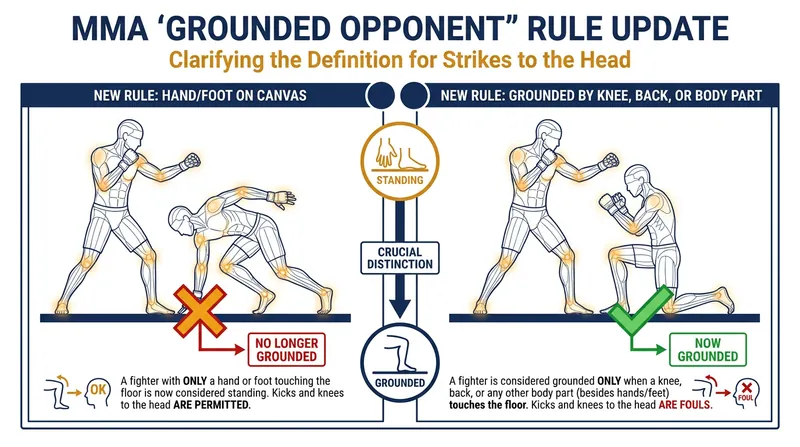 The updated grounded opponent rule eliminates the tactic of placing a single hand on the mat to avoid knee strikes.