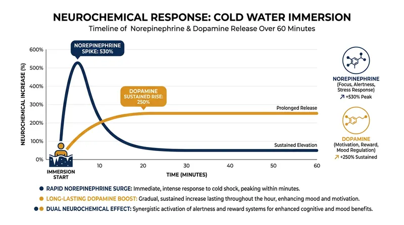 Cold water immersion triggers a massive release of catecholamines, driving the widely reported mood and focus benefits.