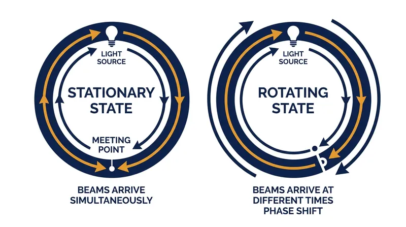 The Sagnac effect: Rotation alters the distance each beam must travel, creating a measurable frequency difference.