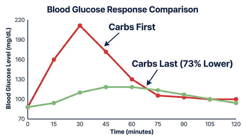 Clinical data shows that eating carbohydrates last can reduce the post-meal glucose spike by up to 73%.