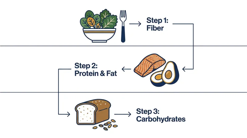 The ideal sequence prioritizes vegetables first, followed by proteins and fats, with starches saved for the end of the meal.