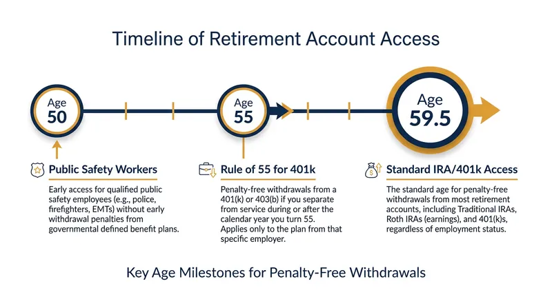 The IRS timeline for penalty-free access to tax-advantaged retirement accounts.