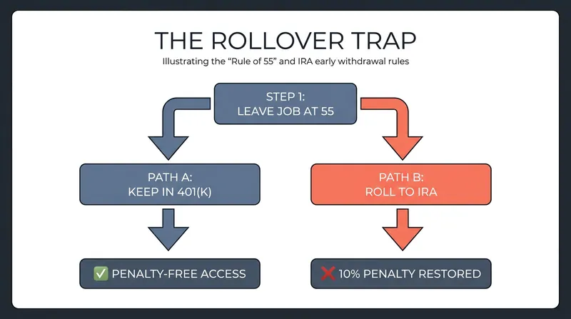 Rolling a 401(k) into an IRA immediately eliminates the Rule of 55 penalty waiver.