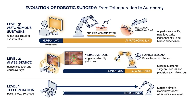 The progression of surgical robotics from passive teleoperation to autonomous subtask execution.