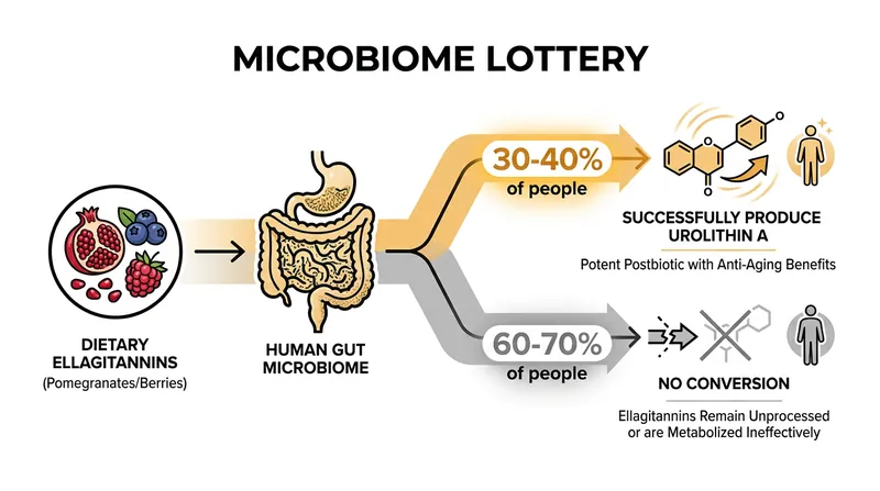 Only a minority of the population possesses the specific gut bacteria required to naturally synthesize Urolithin A from food.