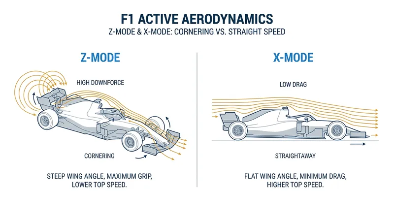 Active aerodynamics will allow cars to switch between high-downforce cornering and low-drag straight-line speeds.