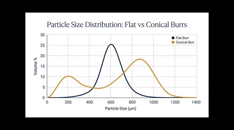 Flat burrs produce a uniform particle size, while conical burrs intentionally create a mix of fines and boulders.