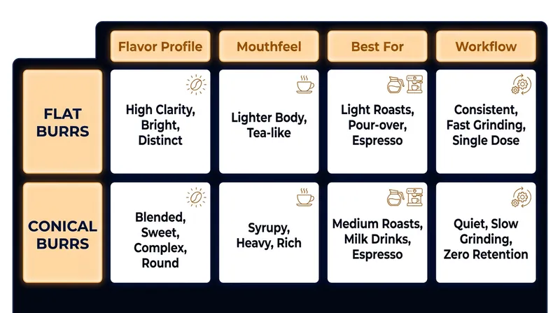 A summary of the practical trade-offs between the two grinder geometries.