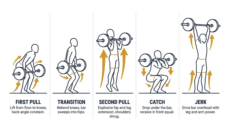 The five distinct biomechanical phases of the clean and jerk.