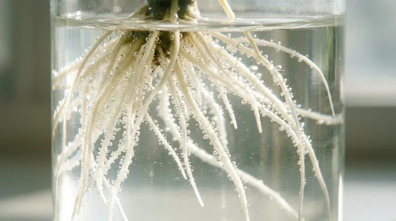 Healthy hydroponic roots are bright white and rely on dissolved oxygen in the water to survive.