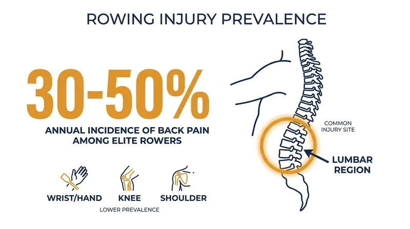 Back injuries remain the most common physical setback in elite rowing, affecting up to half of all competitors annually.