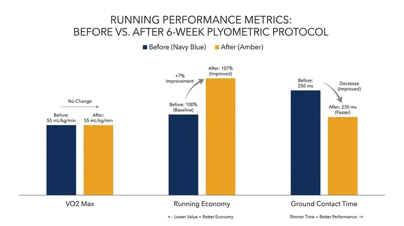 Clinical data shows plyometrics improve running economy and decrease ground contact time without altering cardiovascular fitness.