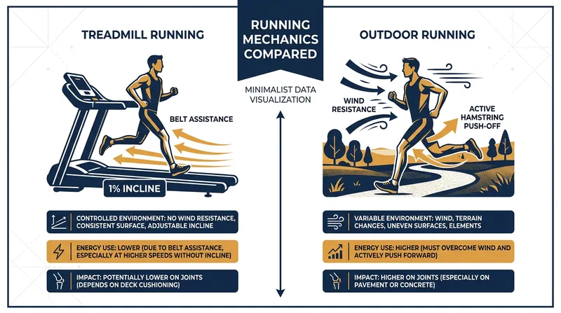 The '1% Rule' compensates for the lack of wind resistance and the mechanical assistance of a moving treadmill belt.