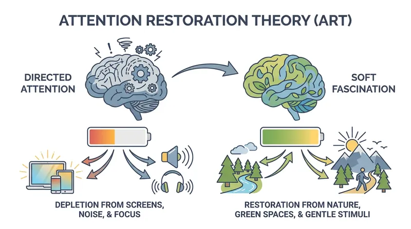 Natural environments trigger 'soft fascination,' allowing the brain to recover from cognitive fatigue while the body works.