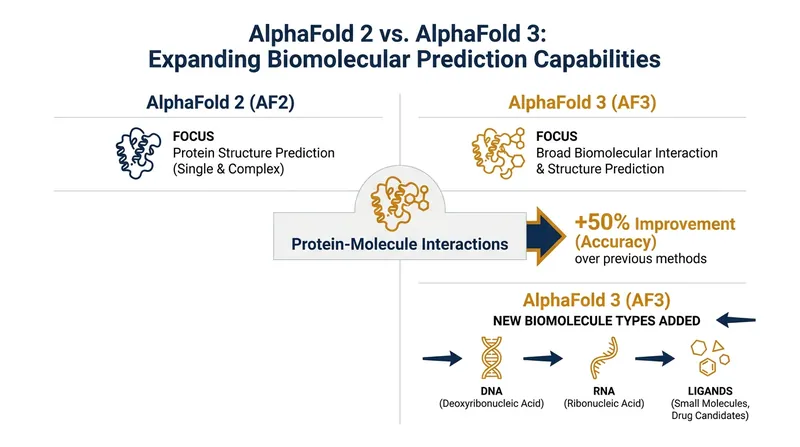 AlphaFold 3 represents a generational leap, expanding from single proteins to complex molecular interactions.