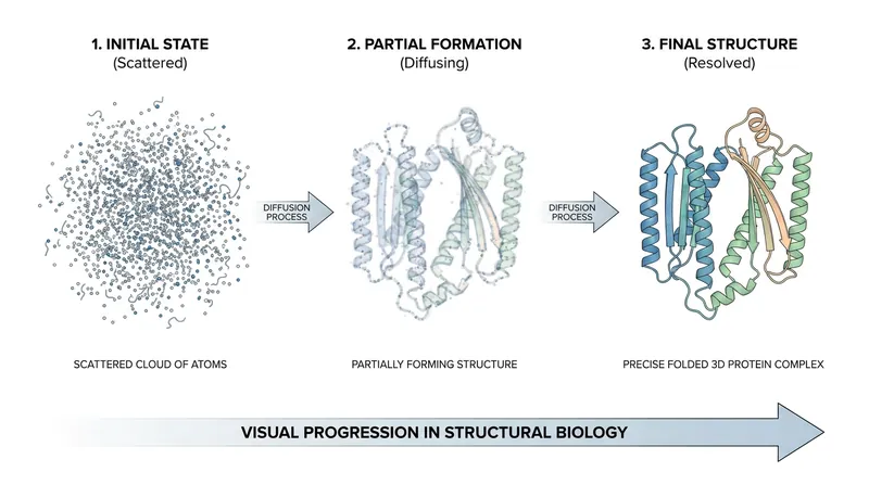 The diffusion module iteratively refines a random cloud of atoms into a precise 3D biological structure.