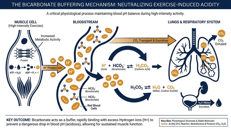 Sodium bicarbonate expands the blood's natural alkaline buffer, pulling fatigue-inducing hydrogen ions out of the working muscle.