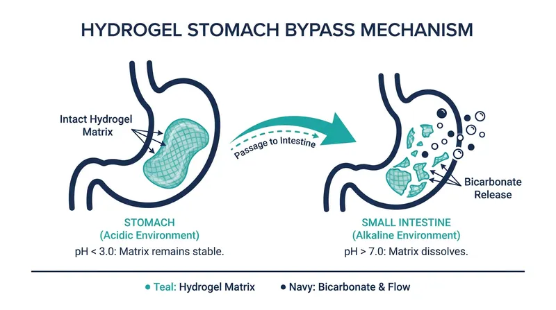 The pectin-alginate hydrogel matrix protects the baking soda from stomach acid, preventing the release of carbon dioxide gas that causes bloating.