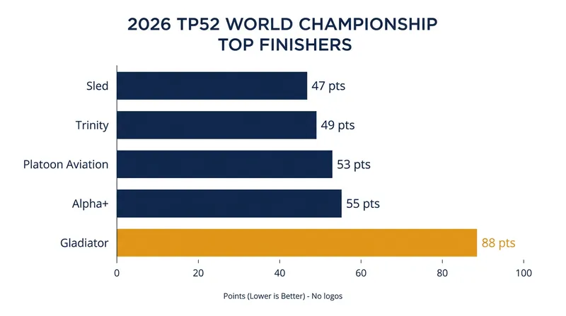 Final standings from the 15-boat fleet at the 2026 Rolex TP52 World Championship.