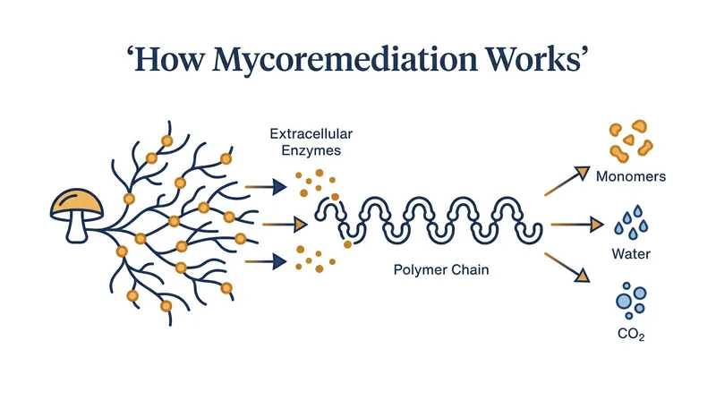 Fungi secrete extracellular enzymes that act like chemical scissors, breaking long plastic polymer chains into harmless byproducts.