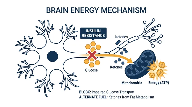 Ketones provide an alternative fuel source for brain cells that can no longer efficiently process glucose.