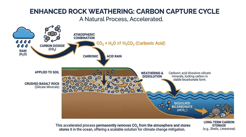 The chemical mechanism of enhanced rock weathering permanently locks carbon in the ocean as bicarbonate.