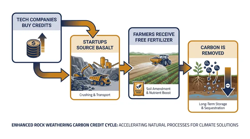 Corporate carbon purchases fund the logistics of sourcing and spreading the rock dust for farmers.