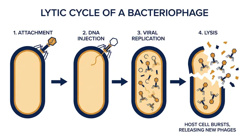 The lytic cycle: How a bacteriophage hijacks a bacterium's machinery to replicate and ultimately destroy the cell.