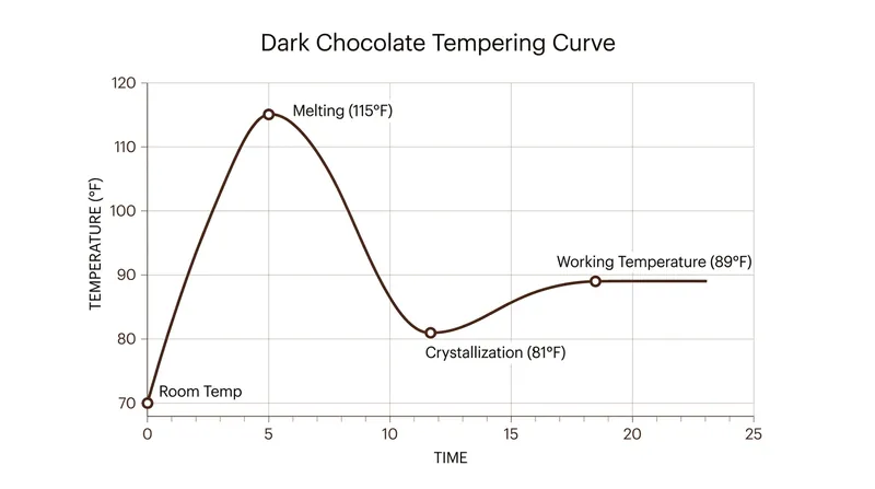 The tempering curve: heating destroys old crystals, cooling creates new ones, and a slight reheat eliminates unstable polymorphs.