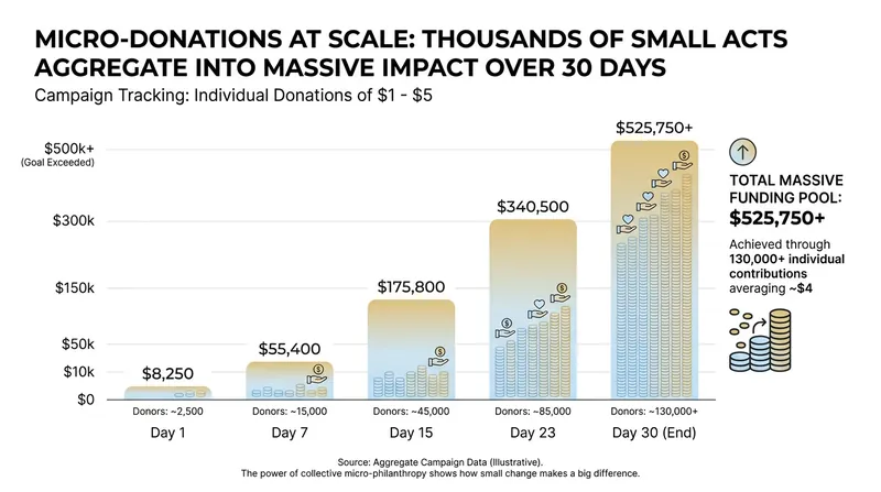 The power of the micro-donation model relies on massive participation rather than large individual gifts.