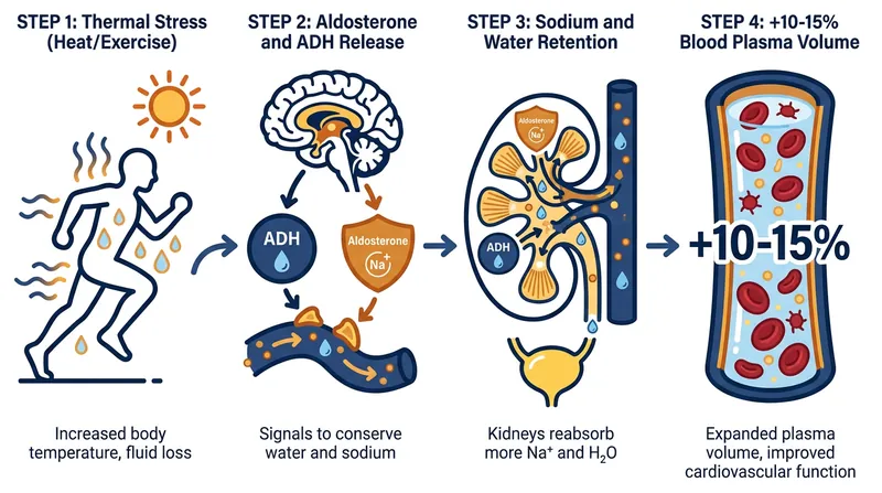 How thermal stress forces the body to expand its blood plasma volume.
